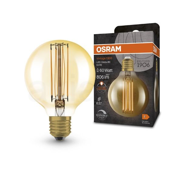 OSRAM Globe 80 DIMM borostyán 230V E27 LED EQ60 2200K